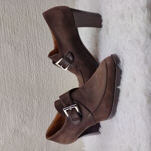 Faconnable All Leather Brown Suede Square Toe Blocked Heel Plymouth Bootie Shoe